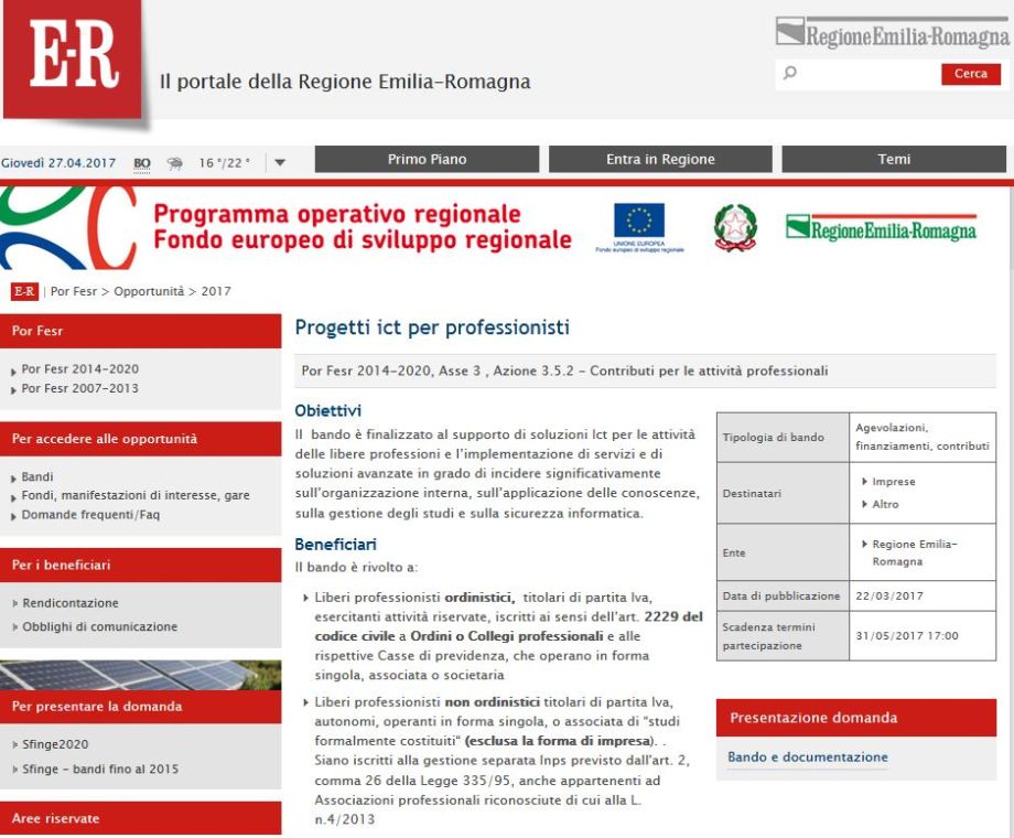 Bando della Regione Emilia Romagna: progetti ict per professionisti